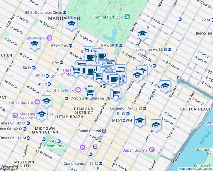 map of restaurants, bars, coffee shops, grocery stores, and more near 3 East 53rd Street in New York