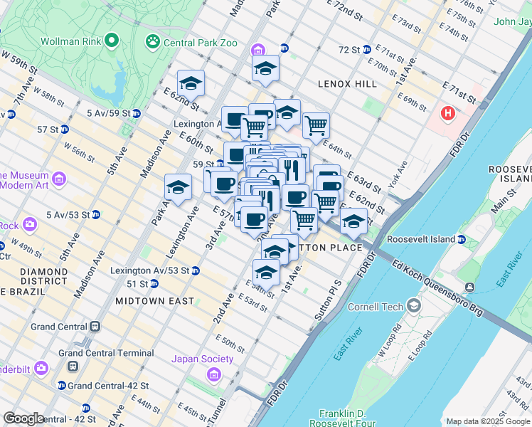 map of restaurants, bars, coffee shops, grocery stores, and more near 250 East 59th Street in New York