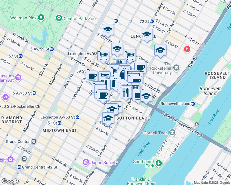 map of restaurants, bars, coffee shops, grocery stores, and more near 300 East 59th Street in New York