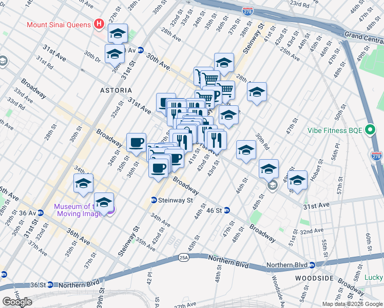 map of restaurants, bars, coffee shops, grocery stores, and more near 31-26 41st Street in Queens