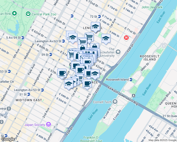 map of restaurants, bars, coffee shops, grocery stores, and more near 1122 1st Avenue in New York