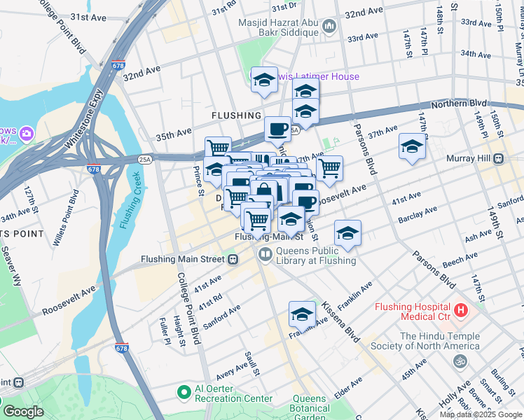map of restaurants, bars, coffee shops, grocery stores, and more near 136-28 39th Avenue in Queens