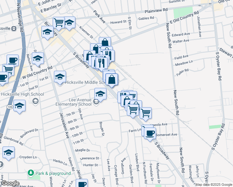 map of restaurants, bars, coffee shops, grocery stores, and more near 359 South Broadway in Hicksville