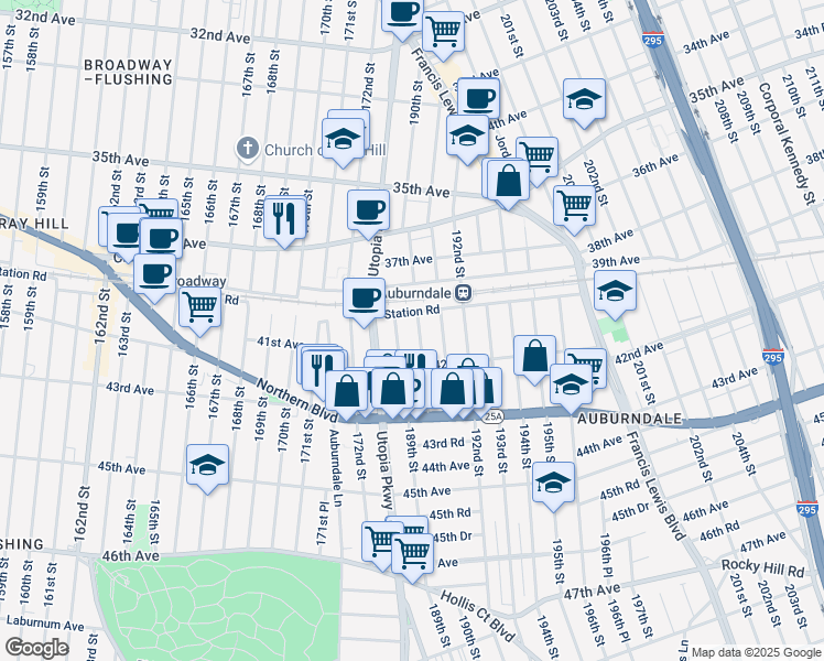 map of restaurants, bars, coffee shops, grocery stores, and more near 189-15 Station Road in Queens