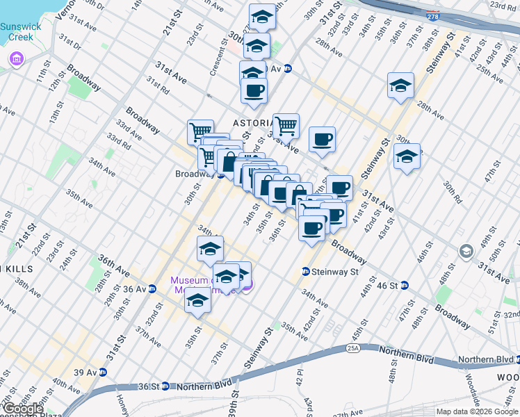 map of restaurants, bars, coffee shops, grocery stores, and more near 32-15 34th Street in Queens