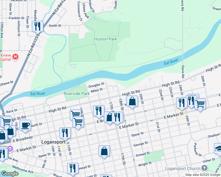 map of restaurants, bars, coffee shops, grocery stores, and more near 44 17th St in Logansport