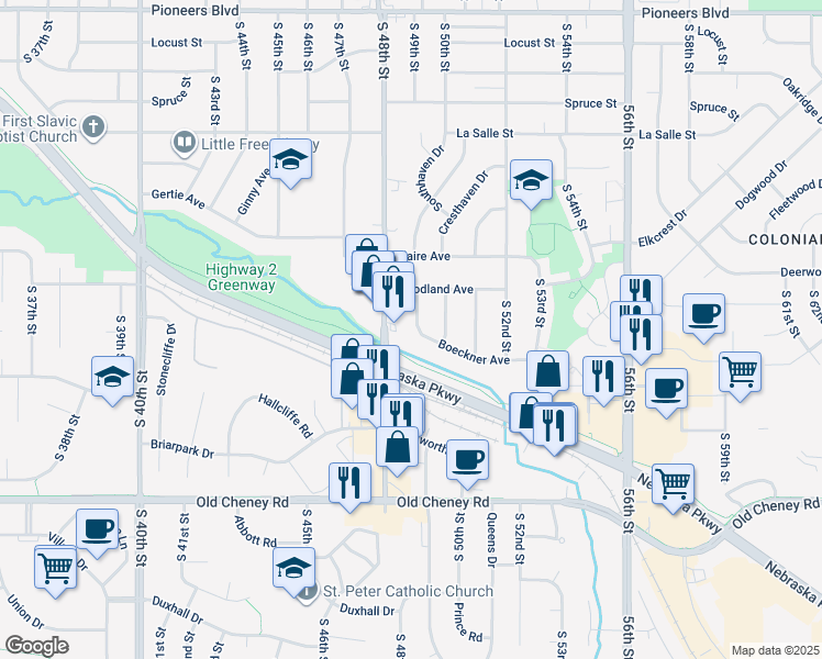 map of restaurants, bars, coffee shops, grocery stores, and more near 5261 South 49th Street in Lincoln
