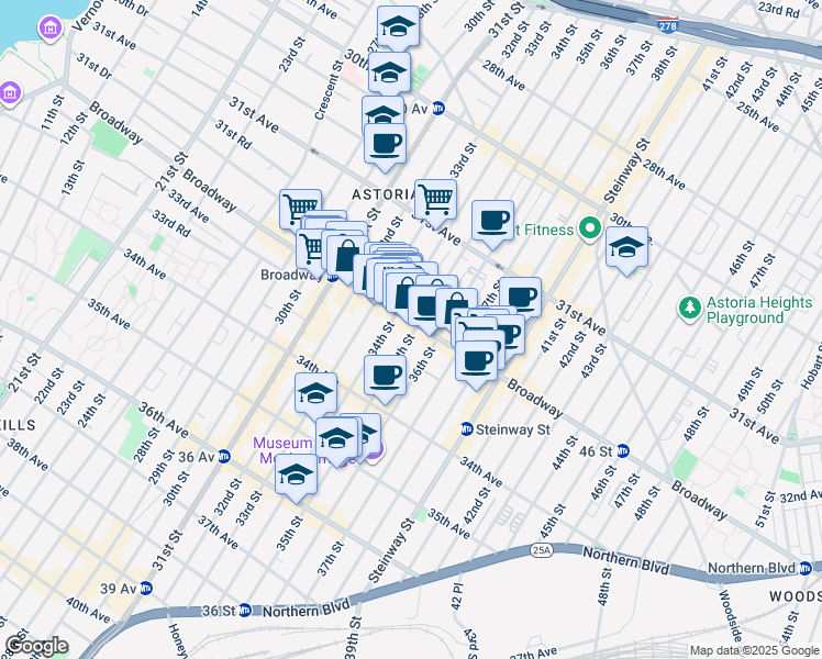 map of restaurants, bars, coffee shops, grocery stores, and more near 33-17 Broadway in Queens