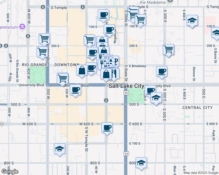 map of restaurants, bars, coffee shops, grocery stores, and more near in Salt Lake City