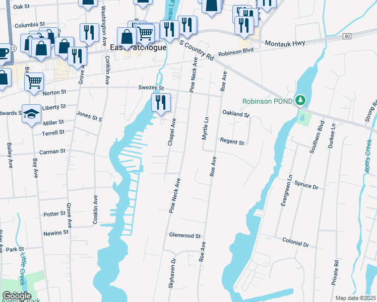 map of restaurants, bars, coffee shops, grocery stores, and more near 99 Pine Neck Avenue in Patchogue