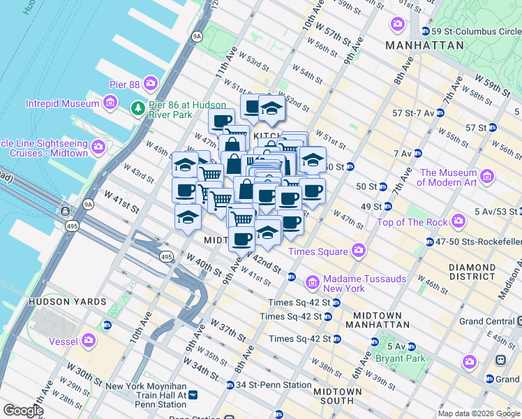 map of restaurants, bars, coffee shops, grocery stores, and more near 421 West 45th Street in New York