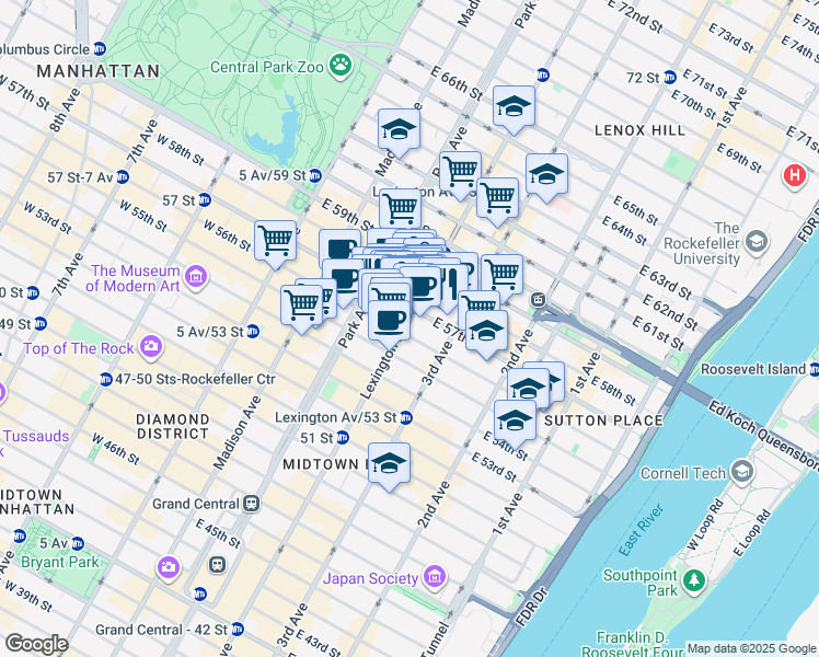 map of restaurants, bars, coffee shops, grocery stores, and more near 139 East 56th Street in New York