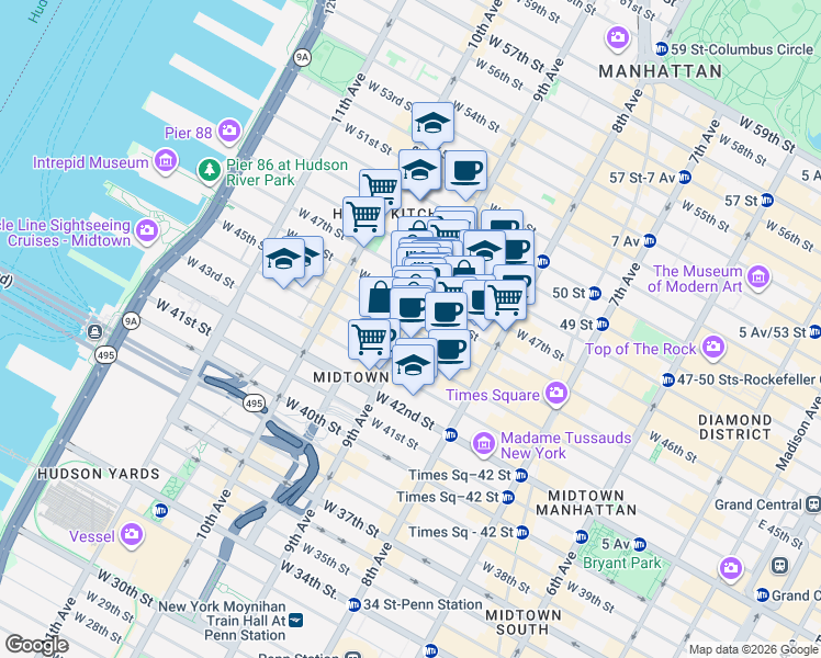 map of restaurants, bars, coffee shops, grocery stores, and more near 9th Ave & W 45th St in New York