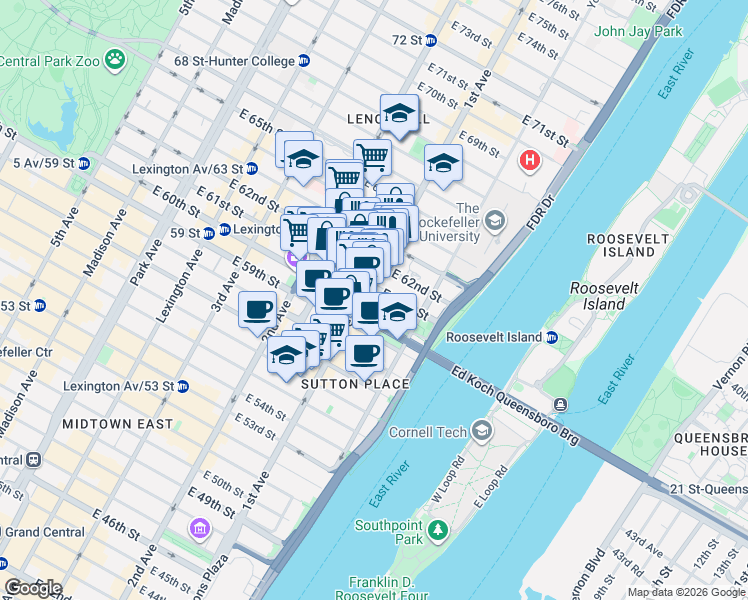 map of restaurants, bars, coffee shops, grocery stores, and more near 401 East 60th Street in New York