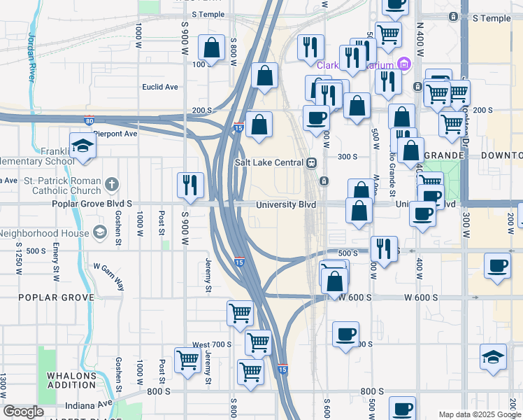 map of restaurants, bars, coffee shops, grocery stores, and more near 730 Pacific Avenue in Salt Lake City