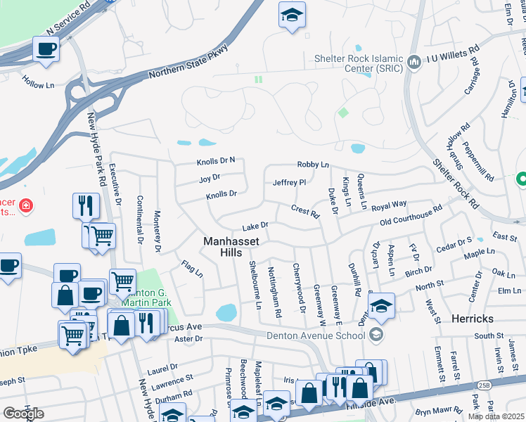 map of restaurants, bars, coffee shops, grocery stores, and more near 93 Robby Lane in New Hyde Park