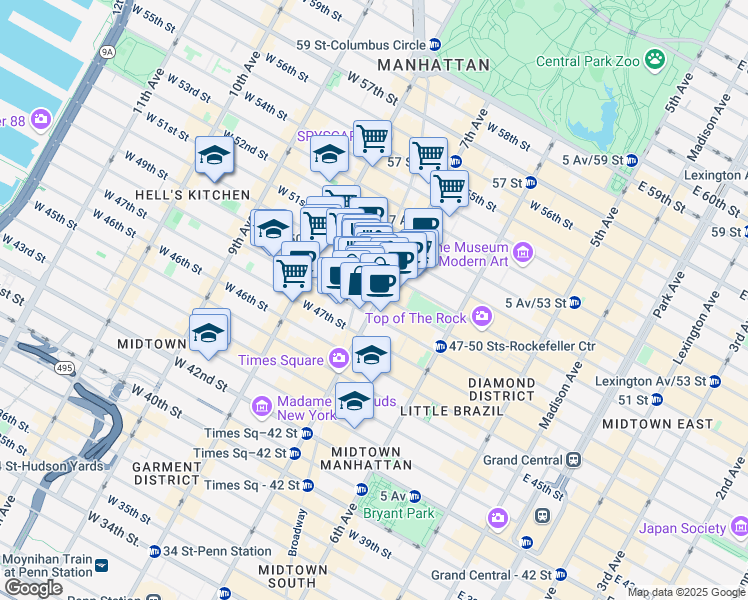 map of restaurants, bars, coffee shops, grocery stores, and more near in New York
