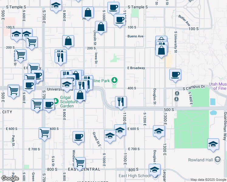 map of restaurants, bars, coffee shops, grocery stores, and more near 1044 East 400 South in Salt Lake City