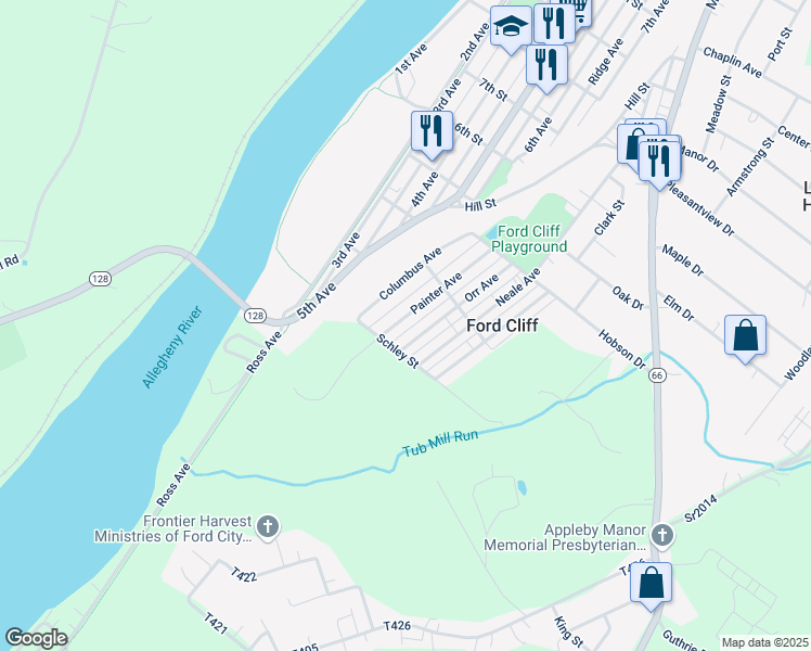 map of restaurants, bars, coffee shops, grocery stores, and more near 717 Painter Avenue in Ford Cliff