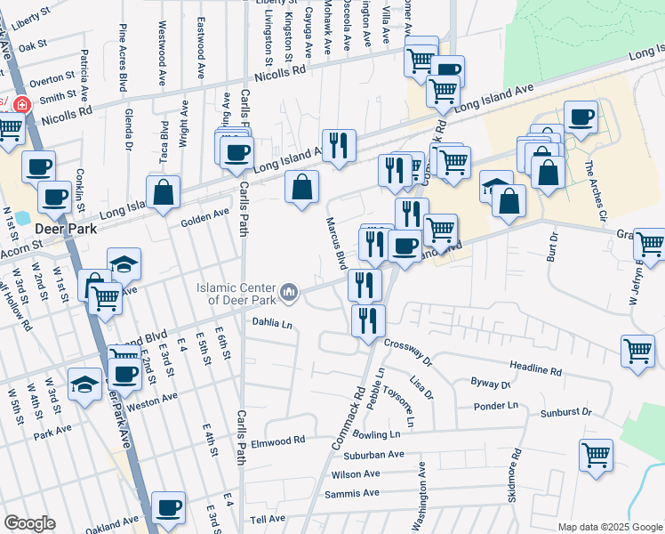 map of restaurants, bars, coffee shops, grocery stores, and more near 95 Marcus Blvd in Deer Park