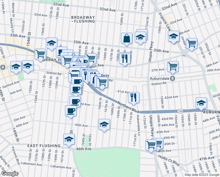 map of restaurants, bars, coffee shops, grocery stores, and more near 40-29 167th Street in Queens
