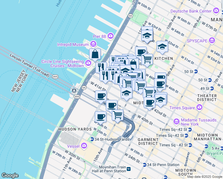 map of restaurants, bars, coffee shops, grocery stores, and more near 554 11th Avenue in New York