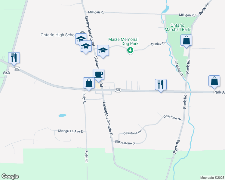 map of restaurants, bars, coffee shops, grocery stores, and more near 3560 Park Avenue West in Ontario