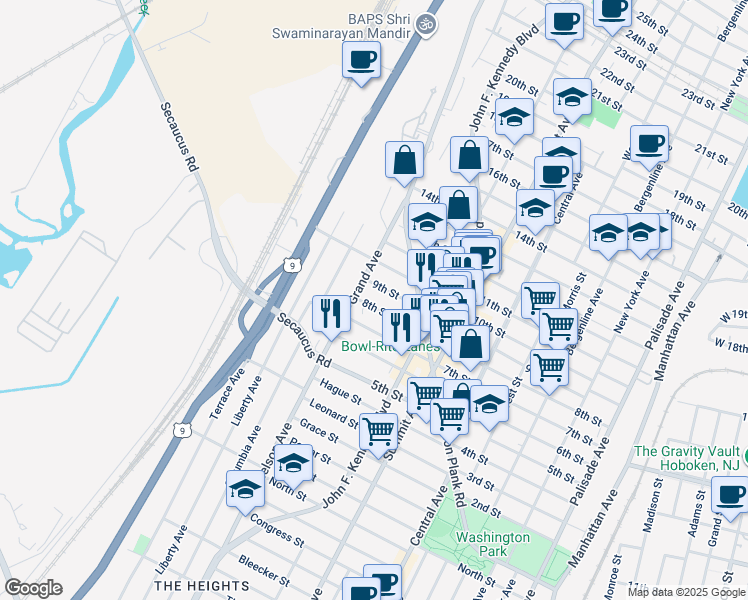 map of restaurants, bars, coffee shops, grocery stores, and more near 1316 9th Street in North Bergen