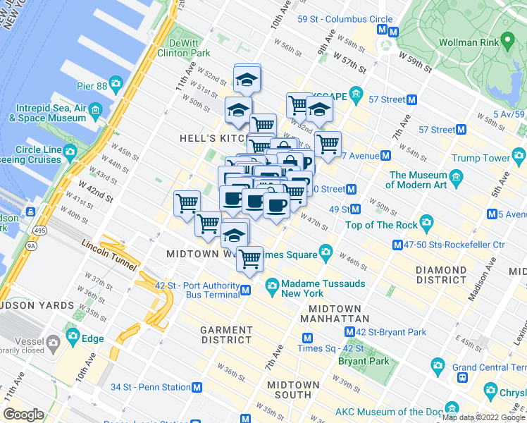 map of restaurants, bars, coffee shops, grocery stores, and more near West 46th Street in New York