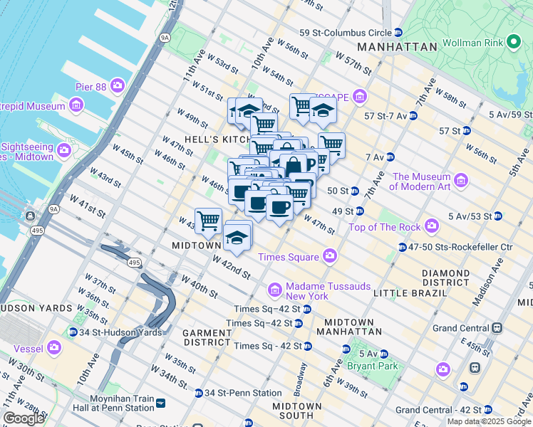 map of restaurants, bars, coffee shops, grocery stores, and more near West 46th Street in New York