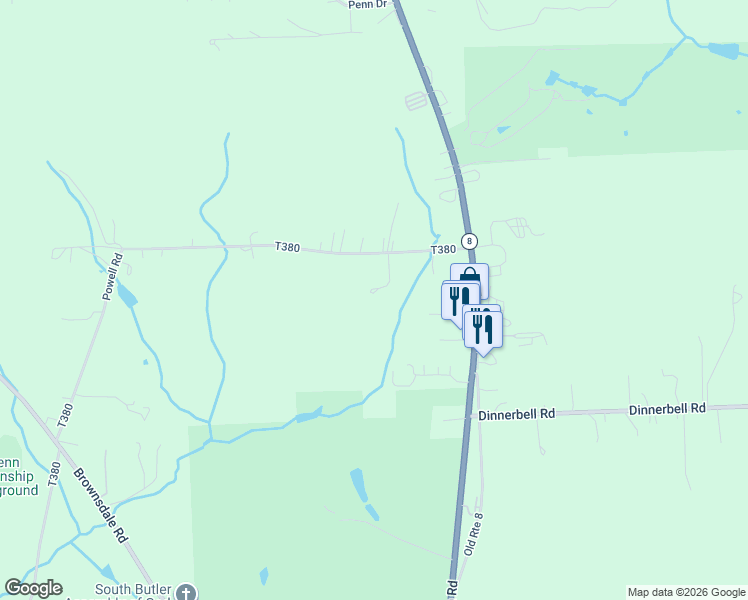 map of restaurants, bars, coffee shops, grocery stores, and more near 121 Powell Road in Butler