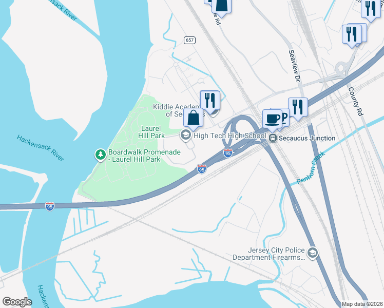 map of restaurants, bars, coffee shops, grocery stores, and more near 1 High Tech Way in Secaucus