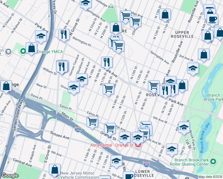 map of restaurants, bars, coffee shops, grocery stores, and more near 110 North 16th Street in East Orange