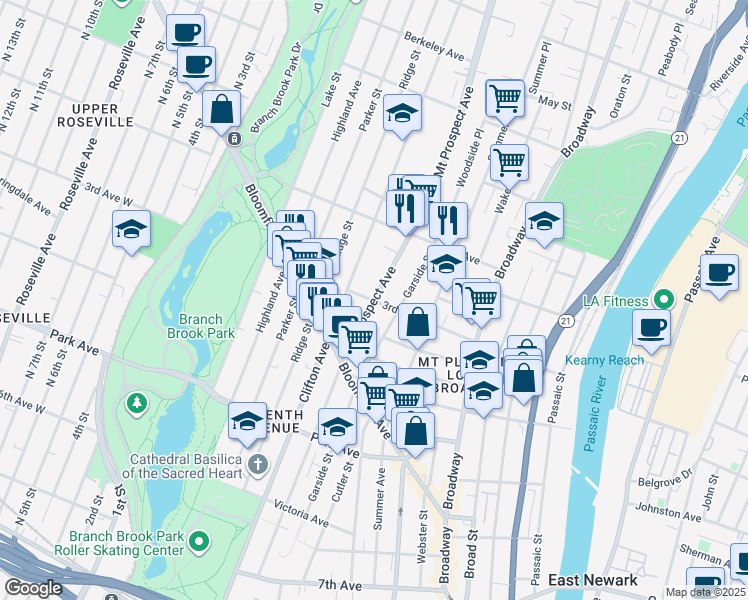 map of restaurants, bars, coffee shops, grocery stores, and more near 260 Mt Prospect Ave in Newark