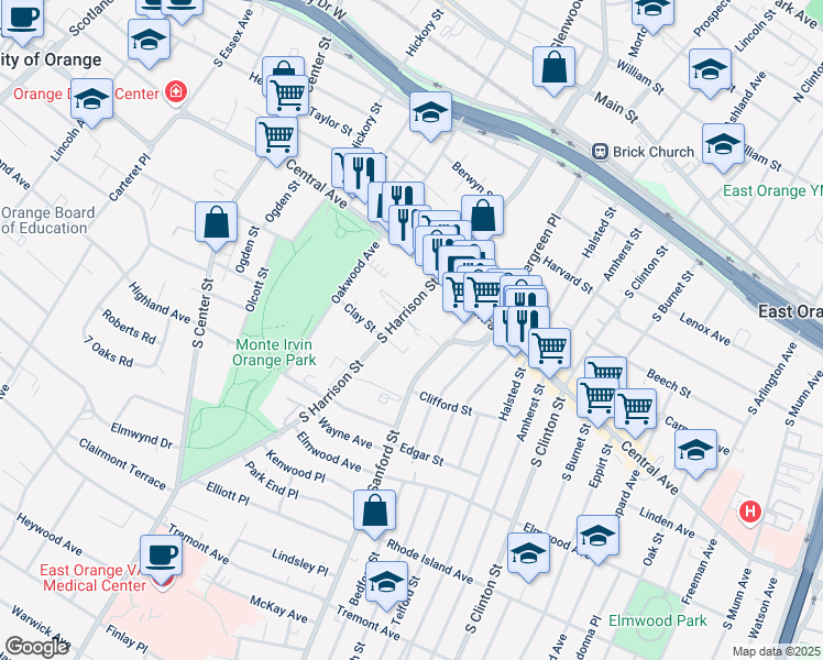 map of restaurants, bars, coffee shops, grocery stores, and more near 228 South Harrison Street in East Orange