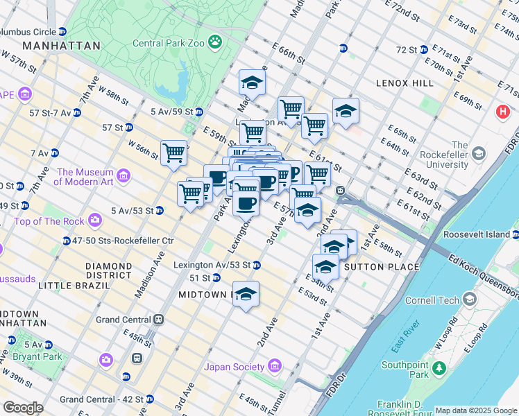 map of restaurants, bars, coffee shops, grocery stores, and more near 445 Park Avenue in New York