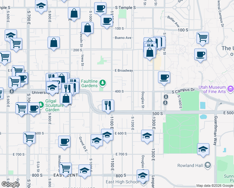 map of restaurants, bars, coffee shops, grocery stores, and more near 1103 East 400 South in Salt Lake City