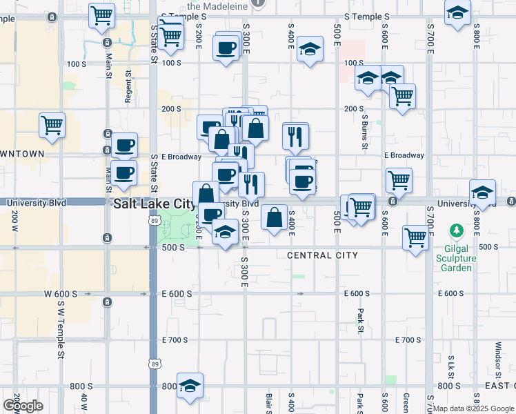 map of restaurants, bars, coffee shops, grocery stores, and more near 309 East 400 South in Salt Lake City