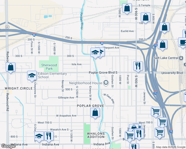 map of restaurants, bars, coffee shops, grocery stores, and more near 1140 400 South in Salt Lake City