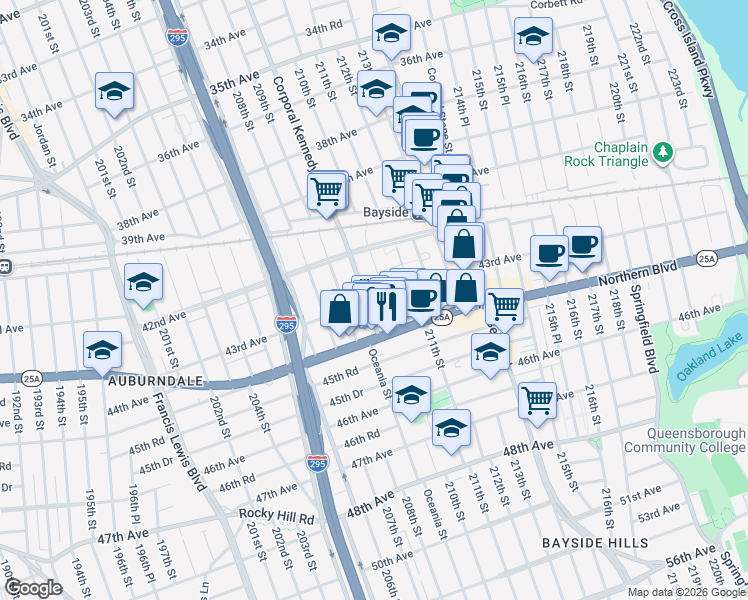 map of restaurants, bars, coffee shops, grocery stores, and more near 42-41 Corporal Kennedy Street in Queens