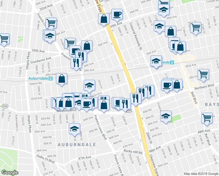 map of restaurants, bars, coffee shops, grocery stores, and more near 40-37 204th Street in Queens