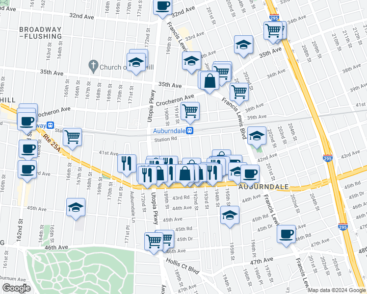 map of restaurants, bars, coffee shops, grocery stores, and more near 190-07 Station Road in Queens