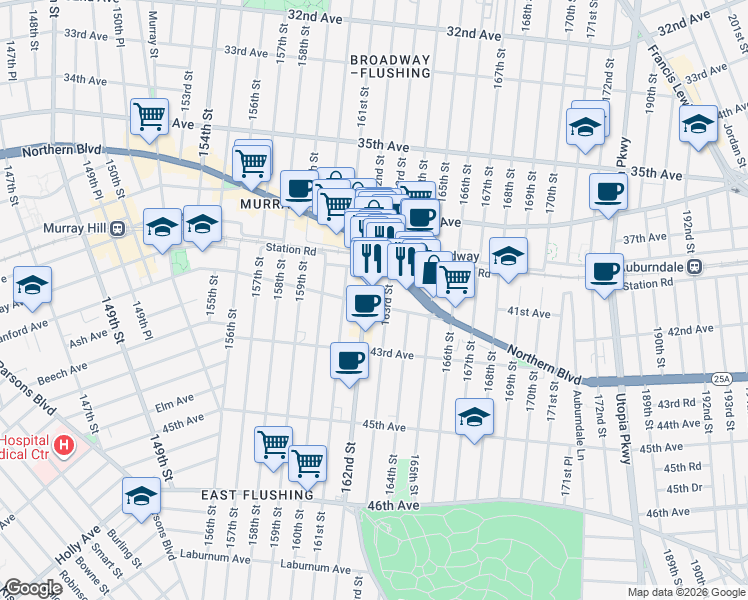 map of restaurants, bars, coffee shops, grocery stores, and more near 41-18 163rd Street in Queens