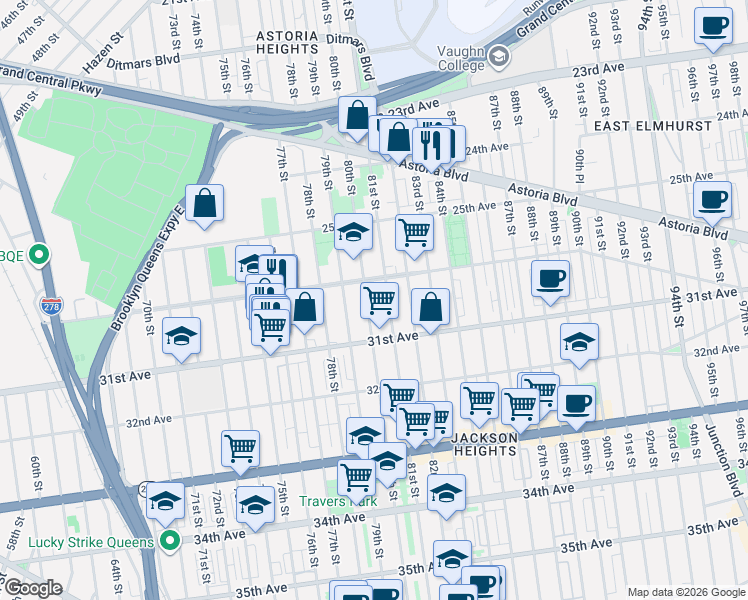 map of restaurants, bars, coffee shops, grocery stores, and more near 25-38 80th Street in Queens