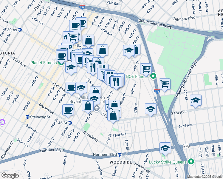 map of restaurants, bars, coffee shops, grocery stores, and more near 48-11 30th Avenue in Queens