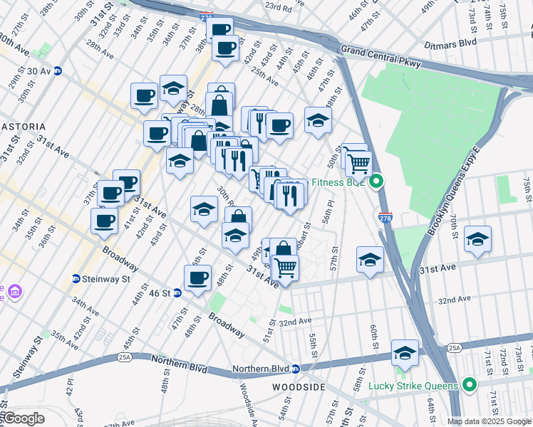 map of restaurants, bars, coffee shops, grocery stores, and more near in Queens