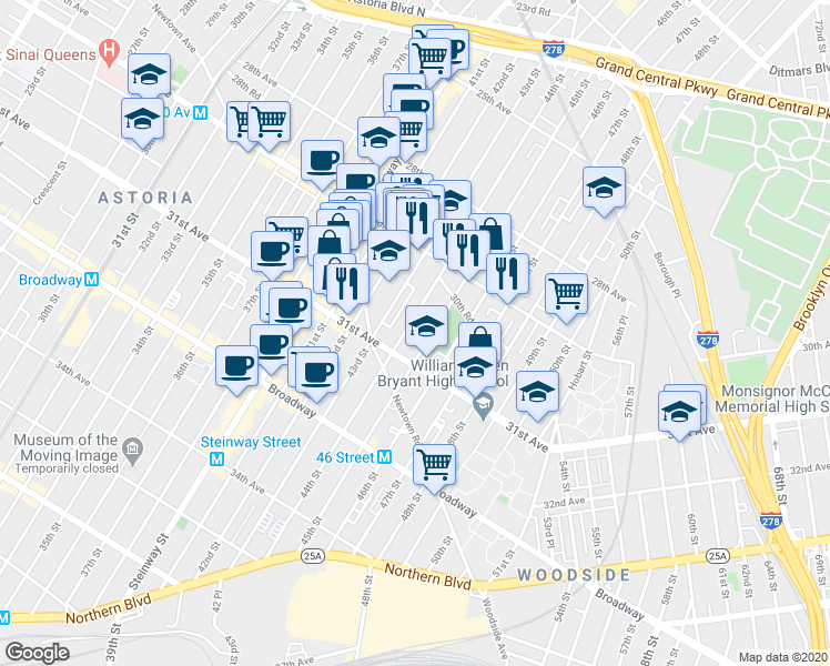 map of restaurants, bars, coffee shops, grocery stores, and more near 30-49 44th Street in Queens