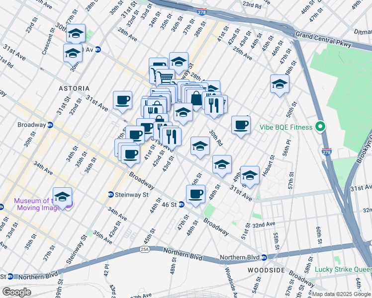 map of restaurants, bars, coffee shops, grocery stores, and more near 30-71 43rd Street in Queens