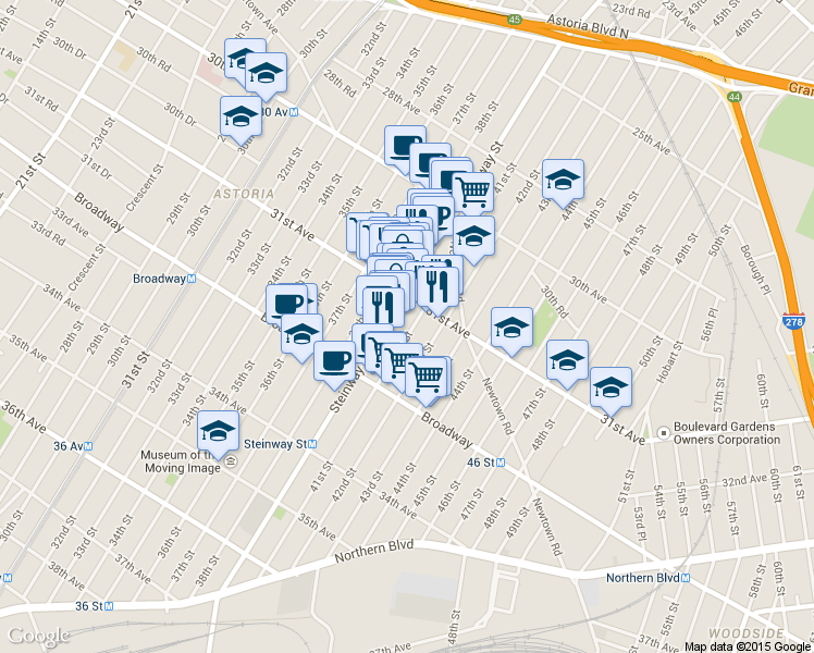 map of restaurants, bars, coffee shops, grocery stores, and more near 3107 Steinway Street in Queens