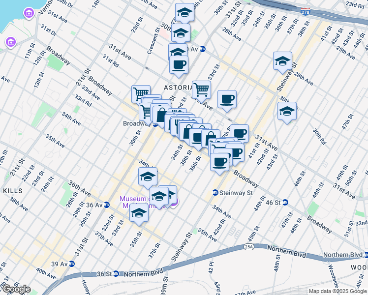 map of restaurants, bars, coffee shops, grocery stores, and more near 3403 Broadway in Queens
